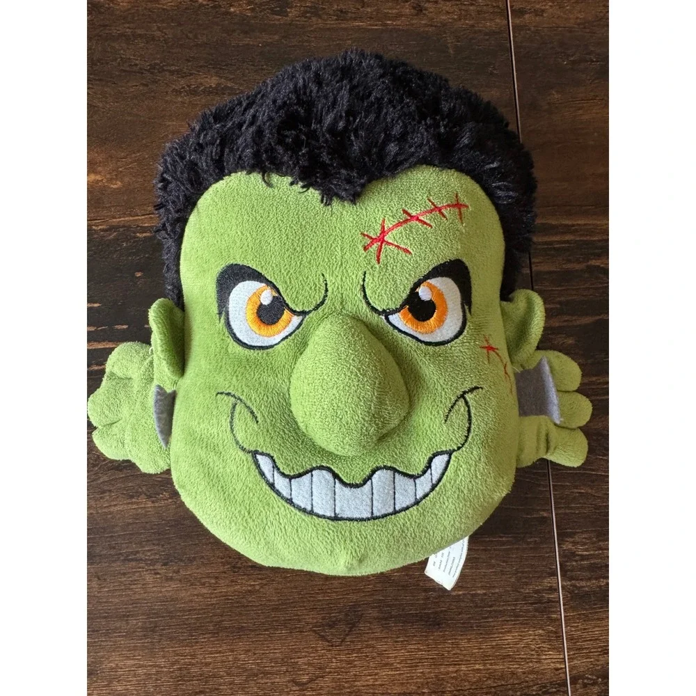 Kellytoy Frankenstein Plush Head Pillow Green Monster Halloween Decor 9 Inch